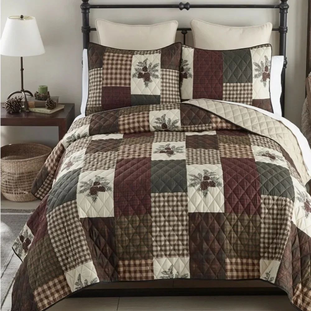Pine Cone Panels Printed King Quilt Set Country Lodge Rustic Cabin Forest